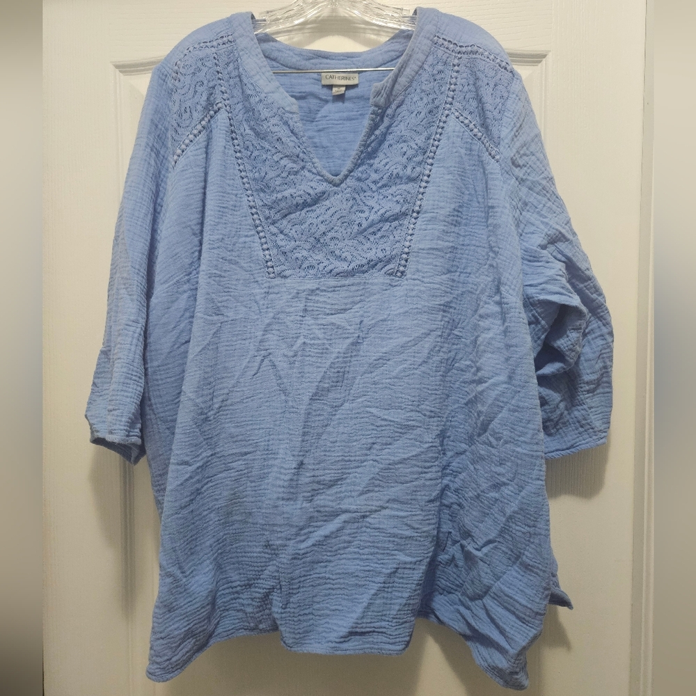 EUC Catherine's tunic top with crochet neck 4xl light blue cotton flowy top